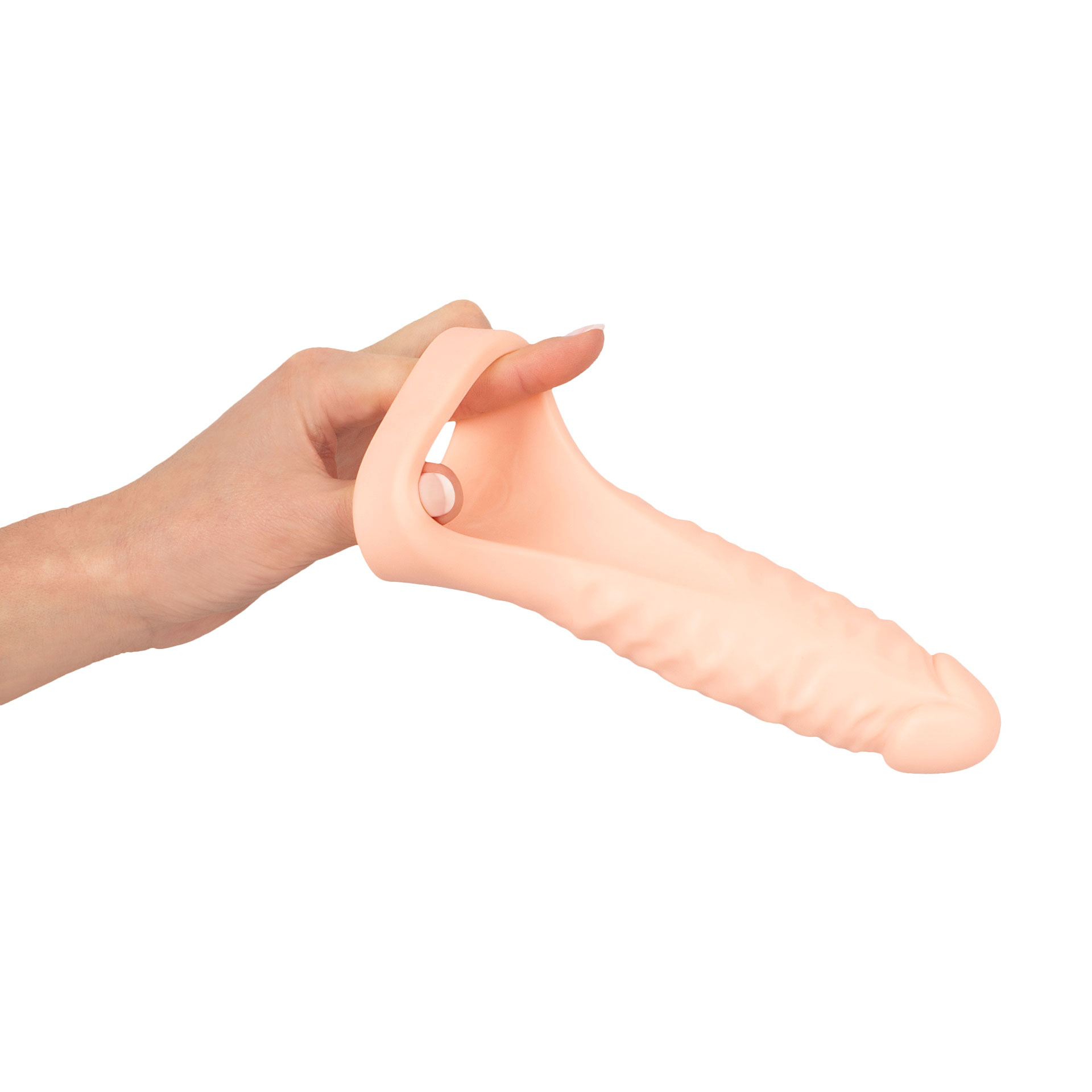 Zwei Finger einer Hand dehnen den Penisring des Double Fucker Dildos