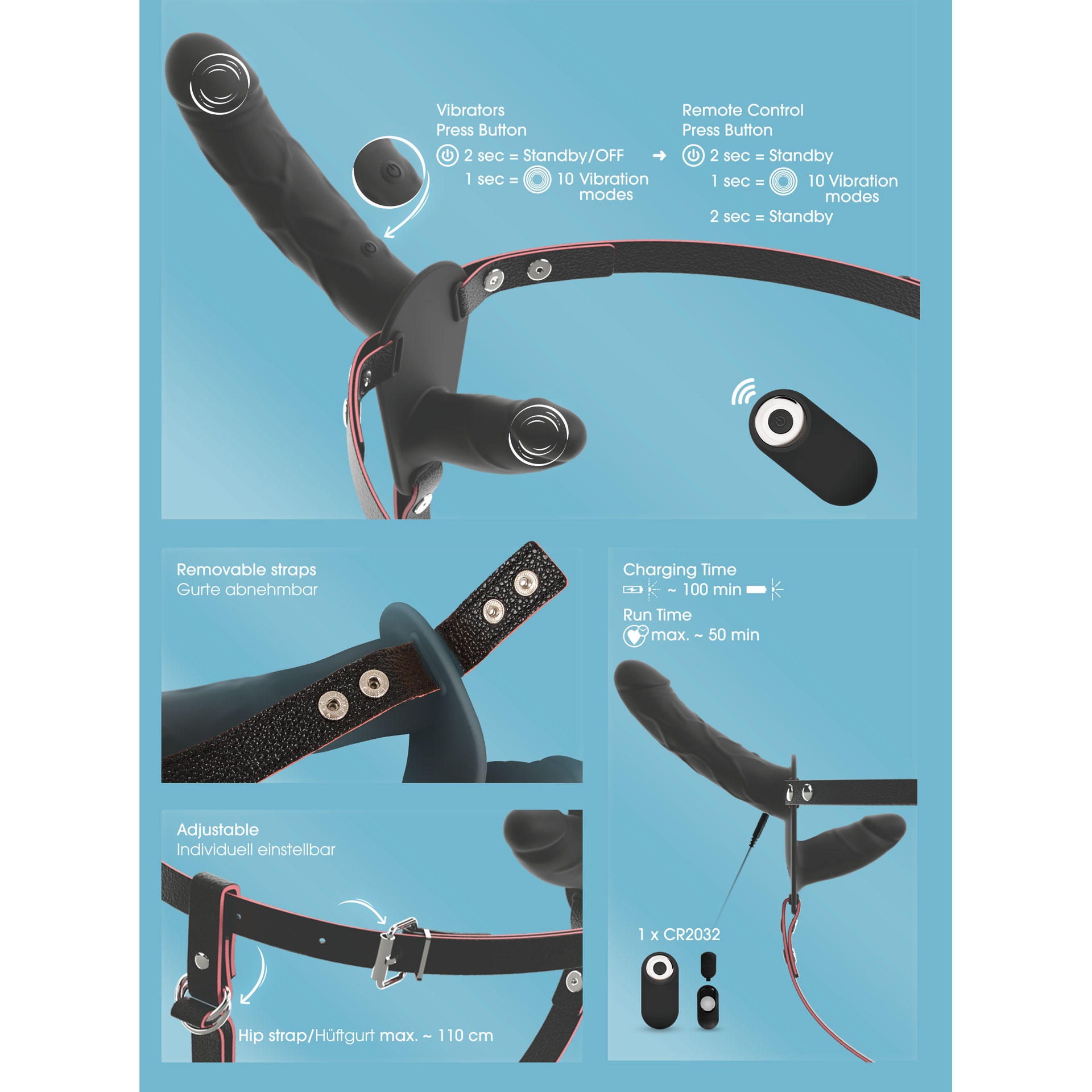 Darstellung in Bild und Text der Eigenschaften des Vibrating Double Strap-on