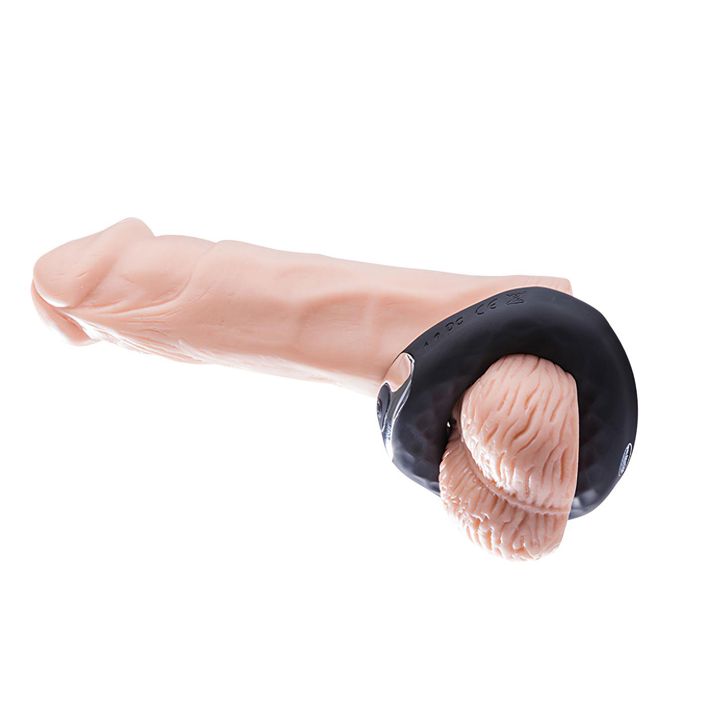 Vibro Spanning-Ring - Bild 3 Vibro Spanning-Ring angelegt um die Hoden eines Dildos