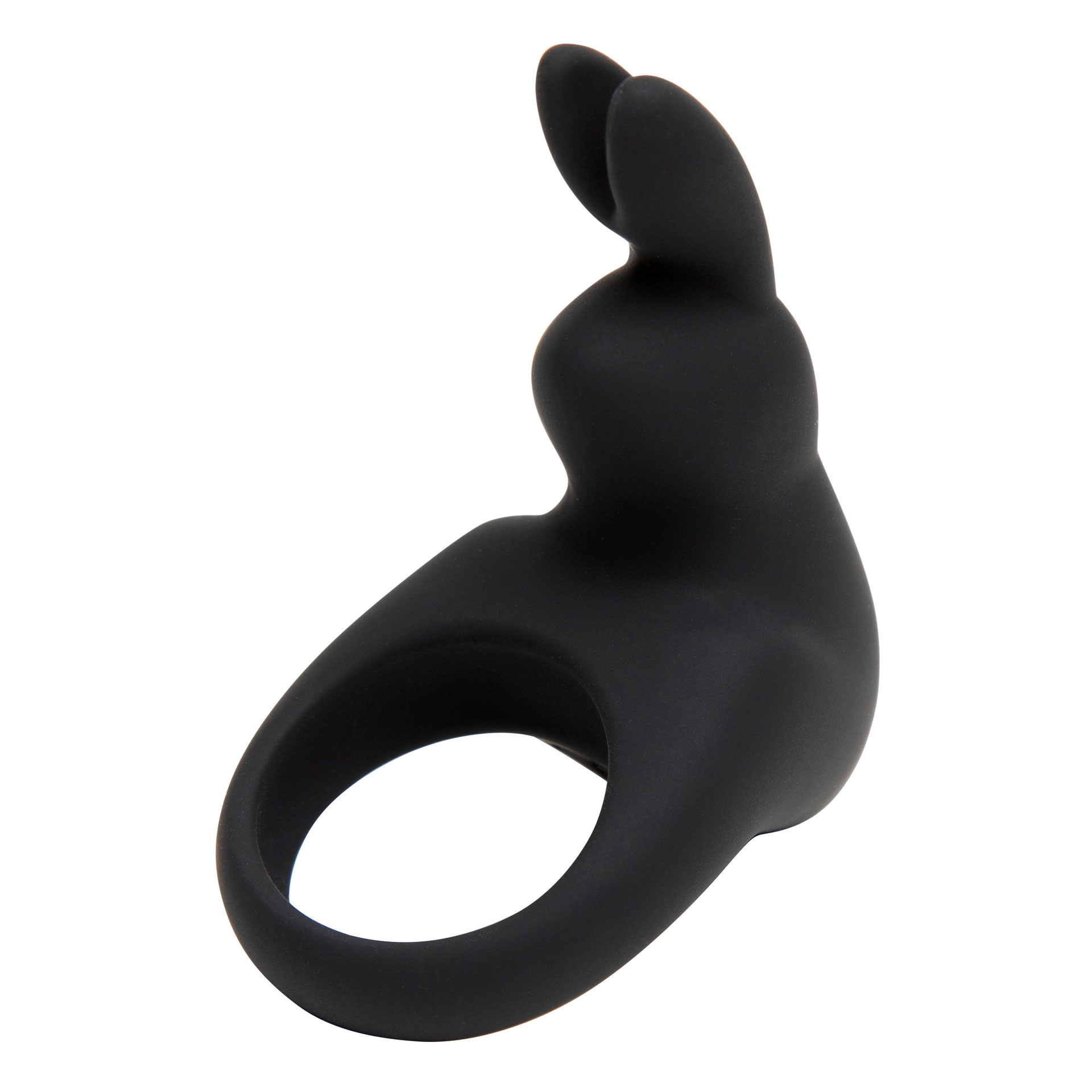 happyrabbit Cock Ring - Bild 1 Ein schwarzer Cockring mit einem Aufsatz in Form eines Häschens - Ansicht schräg von vorn