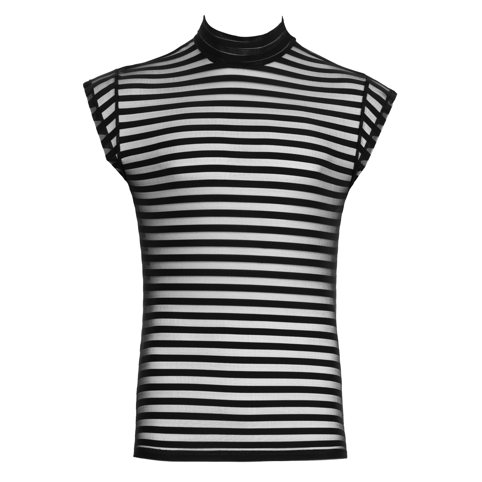 Tanktop mit Streifen - Bild 3 Front eines schwarz-transparenten ärmellosen Shirts mit Streifen vor weißem Hintergrund