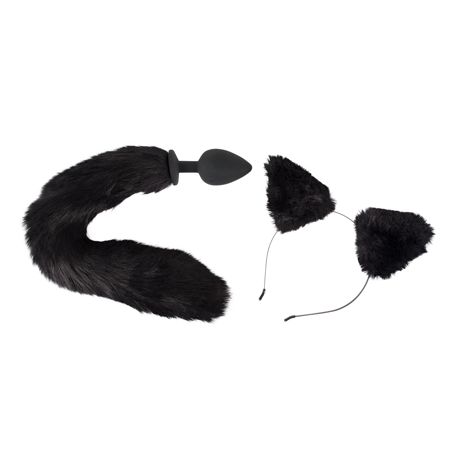 Ein schwarzer Plug mit Fellschwanz und schwarze Katzenohren zum Aufsetzen