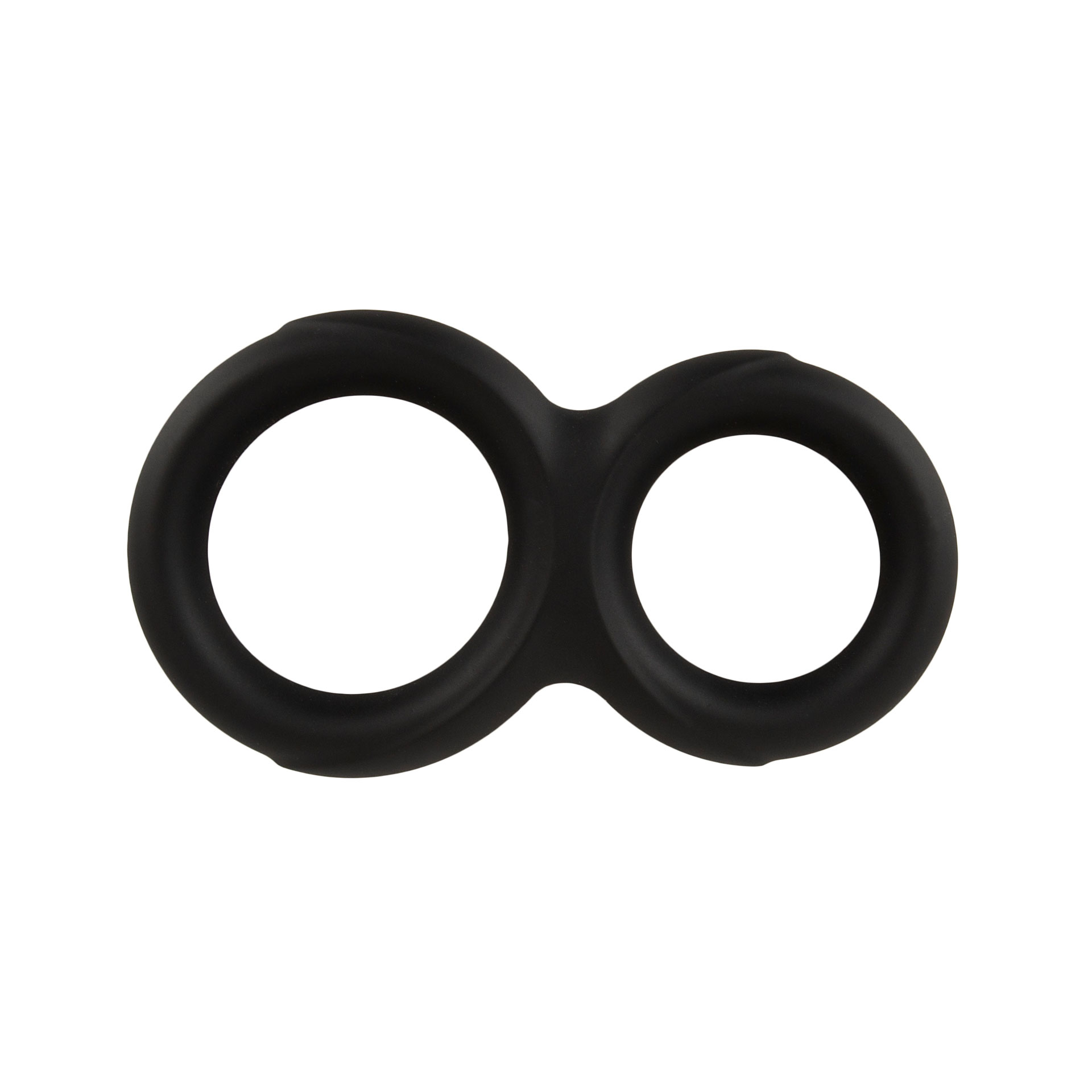 Ein schwarzer, glatter Doppelring in Form einer Acht, bestehend aus zwei unterschiedlich großen, miteinander verbundenen kreisförmigen Ringen.