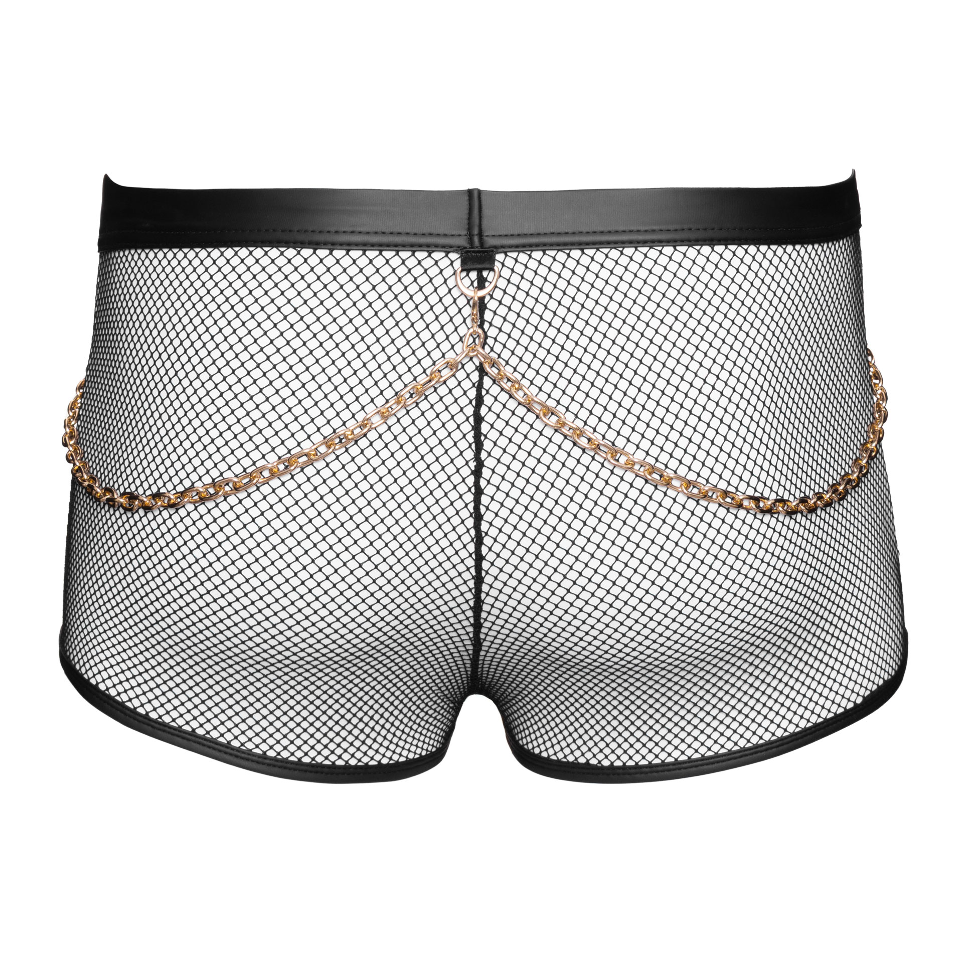 Die Rückseite einer transparenten schwarzen Shorts. Zu jeder Seite verläuft eine goldene Kette.