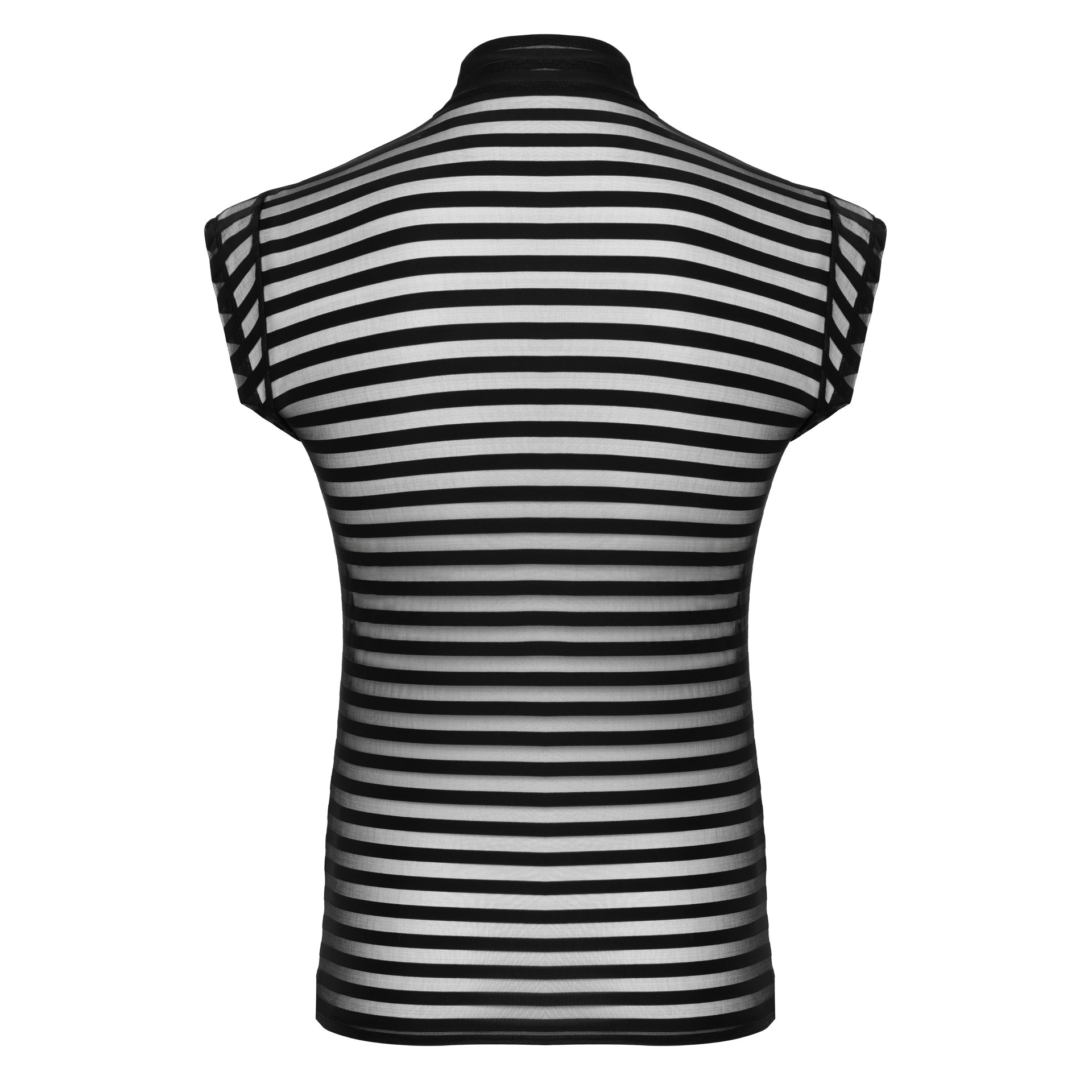 Tanktop mit Streifen - Bild 4 Rückseite eines schwarz-transparenten ärmellosen Shirts mit Streifen vor weißem Hintergrund