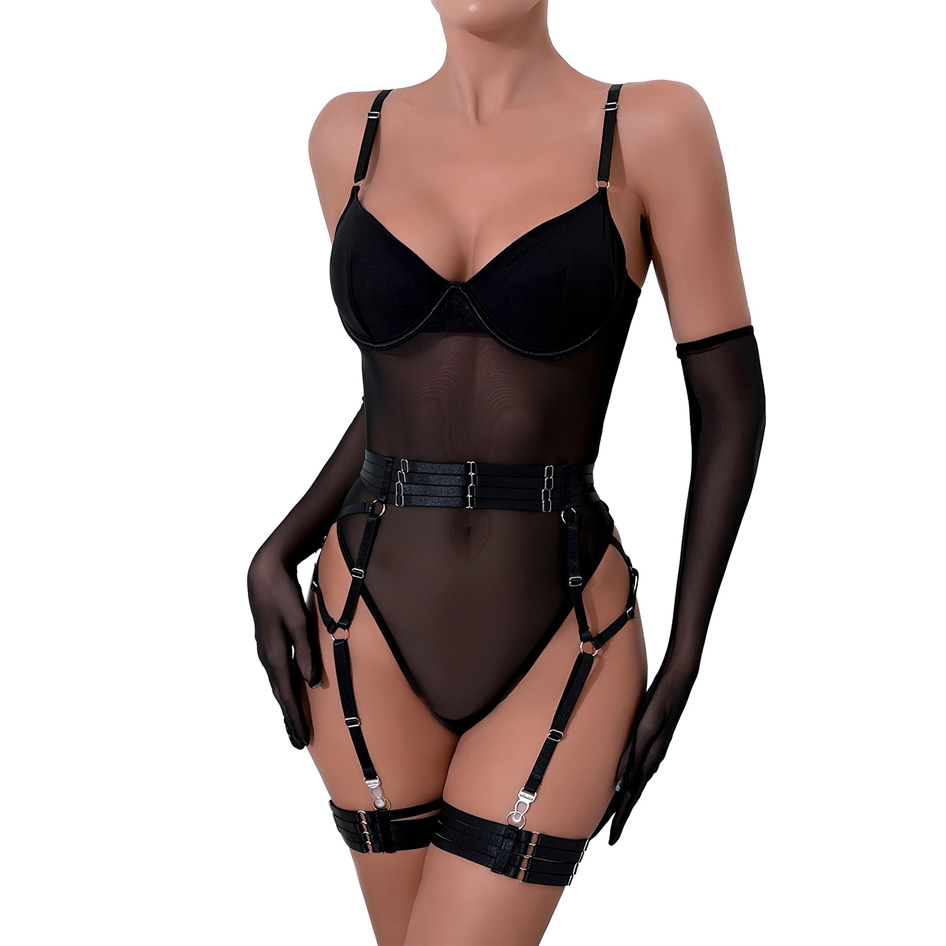 Der Torso einer Frau, die einen schwarzen Body mit Beinharness trägt - Ansicht von vorn
