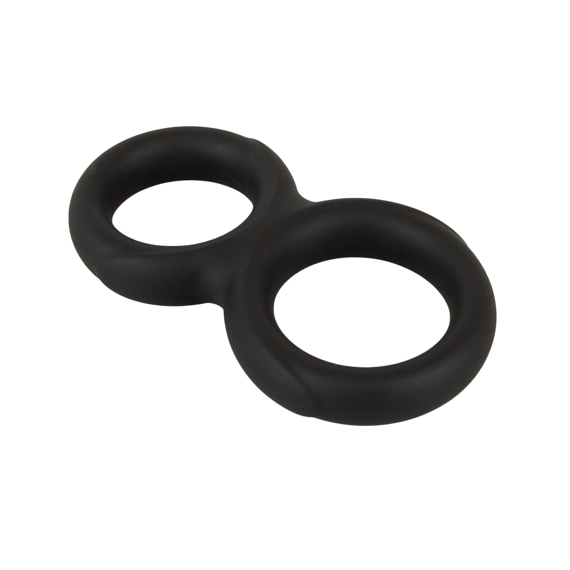 Erecto Double Cockring - Bild 2 Ein schwarzer Doppelring in Form einer Acht, schräg auf weißem Hintergrund liegend.