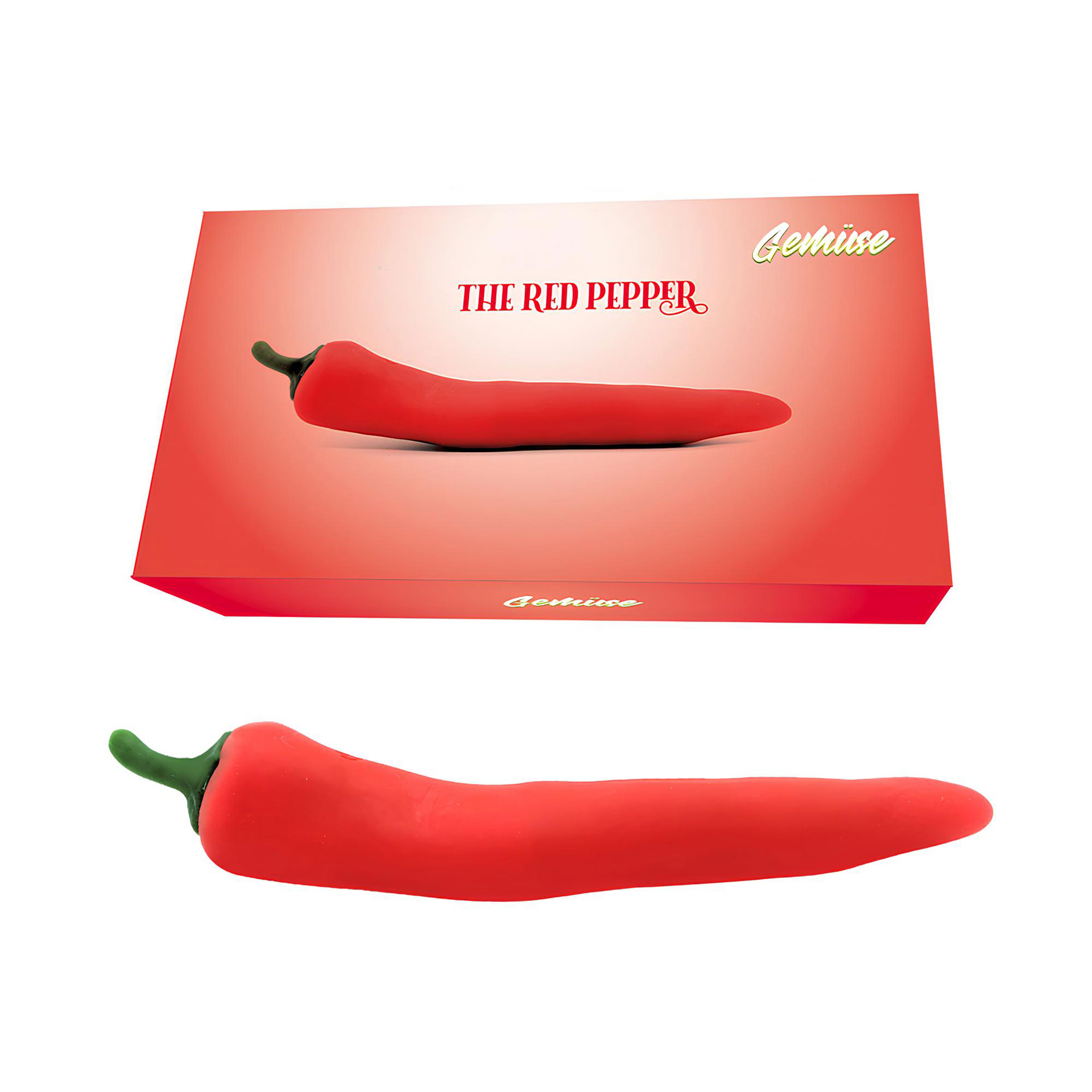 Ein Vibrator in Form und Farbe einer roten Paprika, abgebildet unterhalb seiner Verkaufsverpackung.