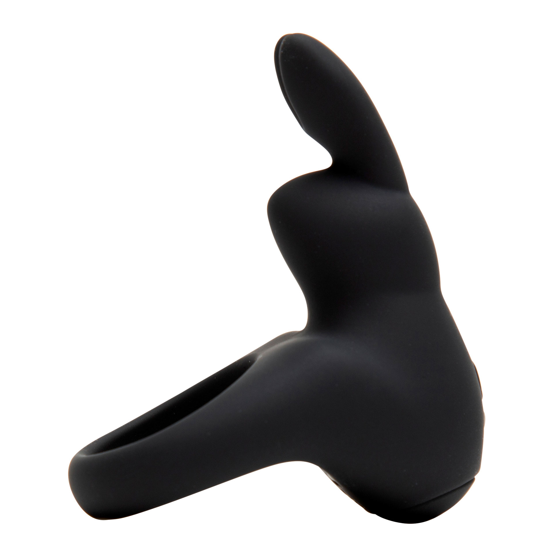 happyrabbit Cock Ring - Bild 2 Ein schwarzer Cockring mit einem Aufsatz in Form eines Häschens - Seitenansicht
