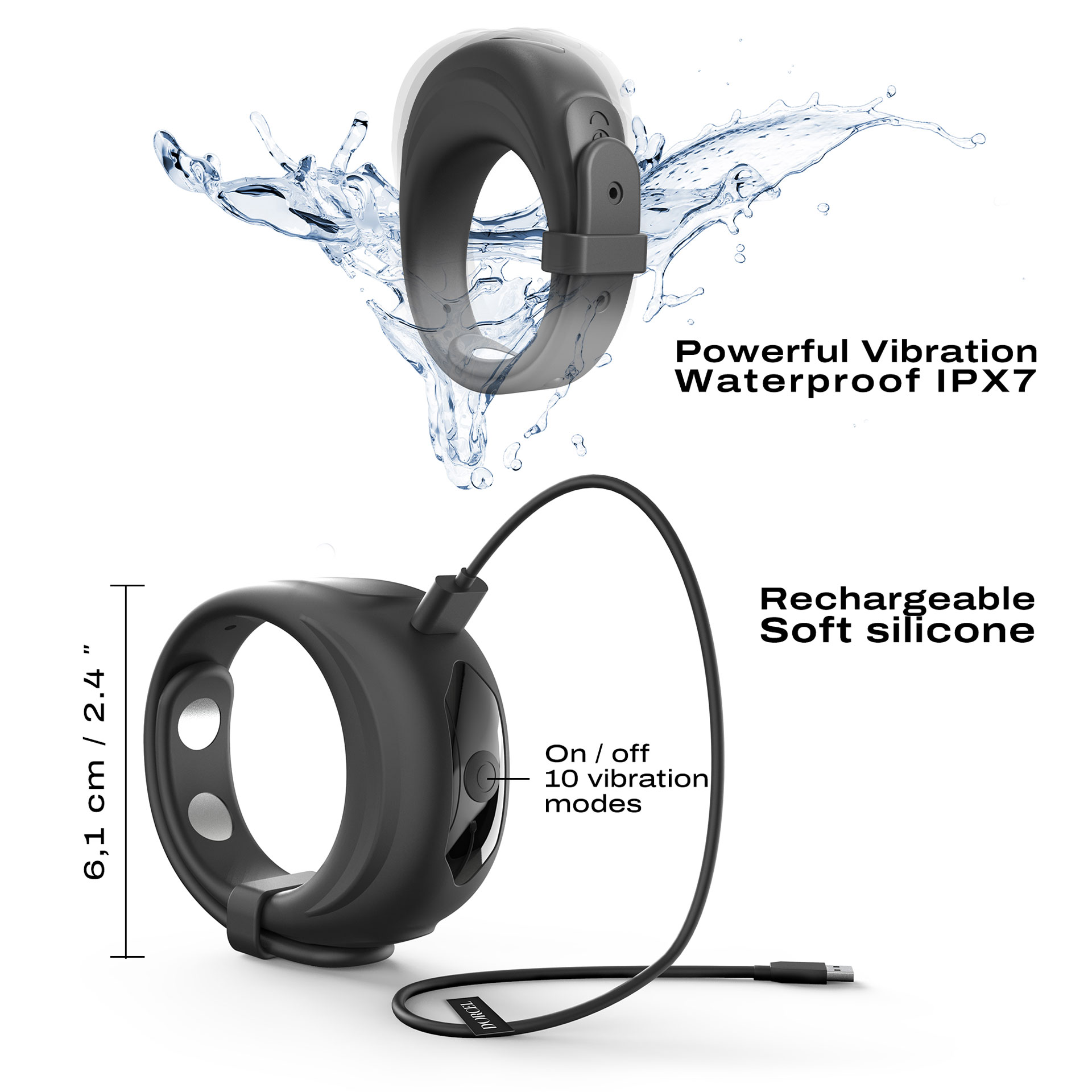 Fit Vibe Cockring - Bild 4 Der »Fit Vibe Ring« - einmal mit angeschlossenem Ladekabel und einmal eintauchend in Wasser