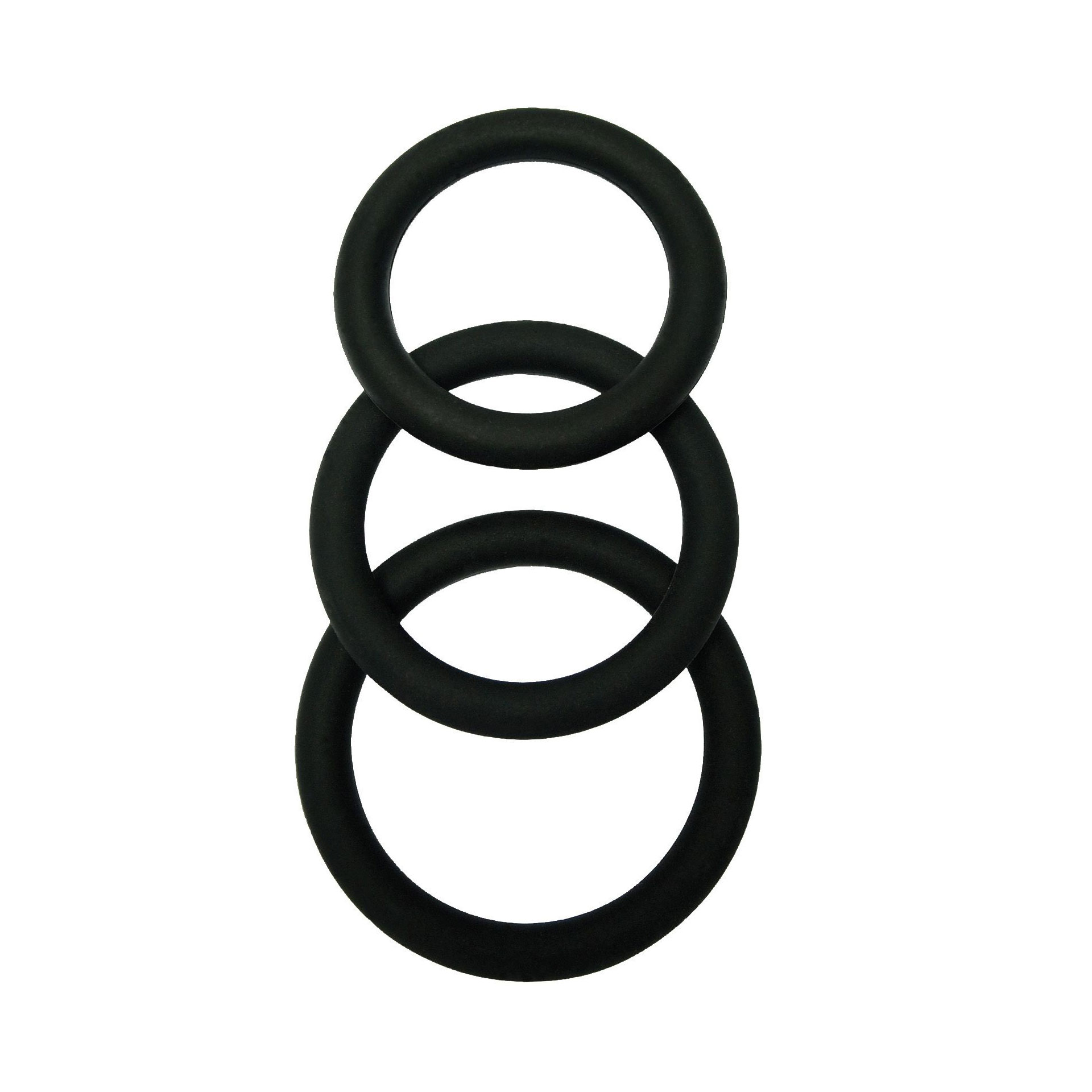 Malesation Cock Ring - Bild 1 Drei schwarze Ringe unterschiedlicher Größe vor weißem Hintergrund