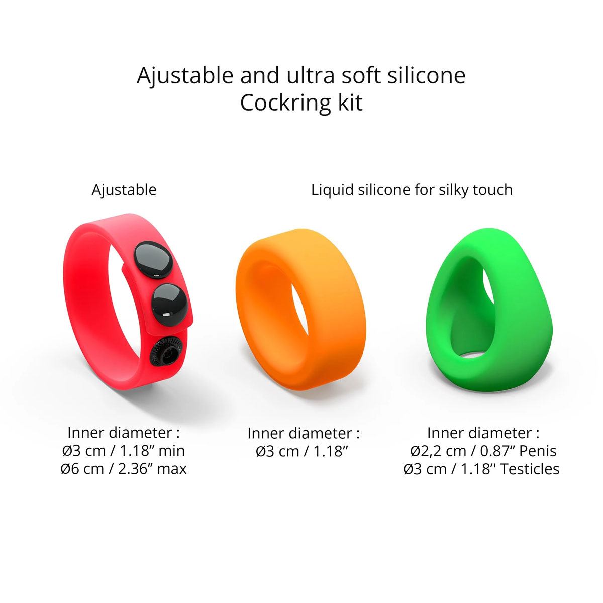Die 3 Cockringe des Neon Ring Kit mit Textangaben zu ihren Maßen