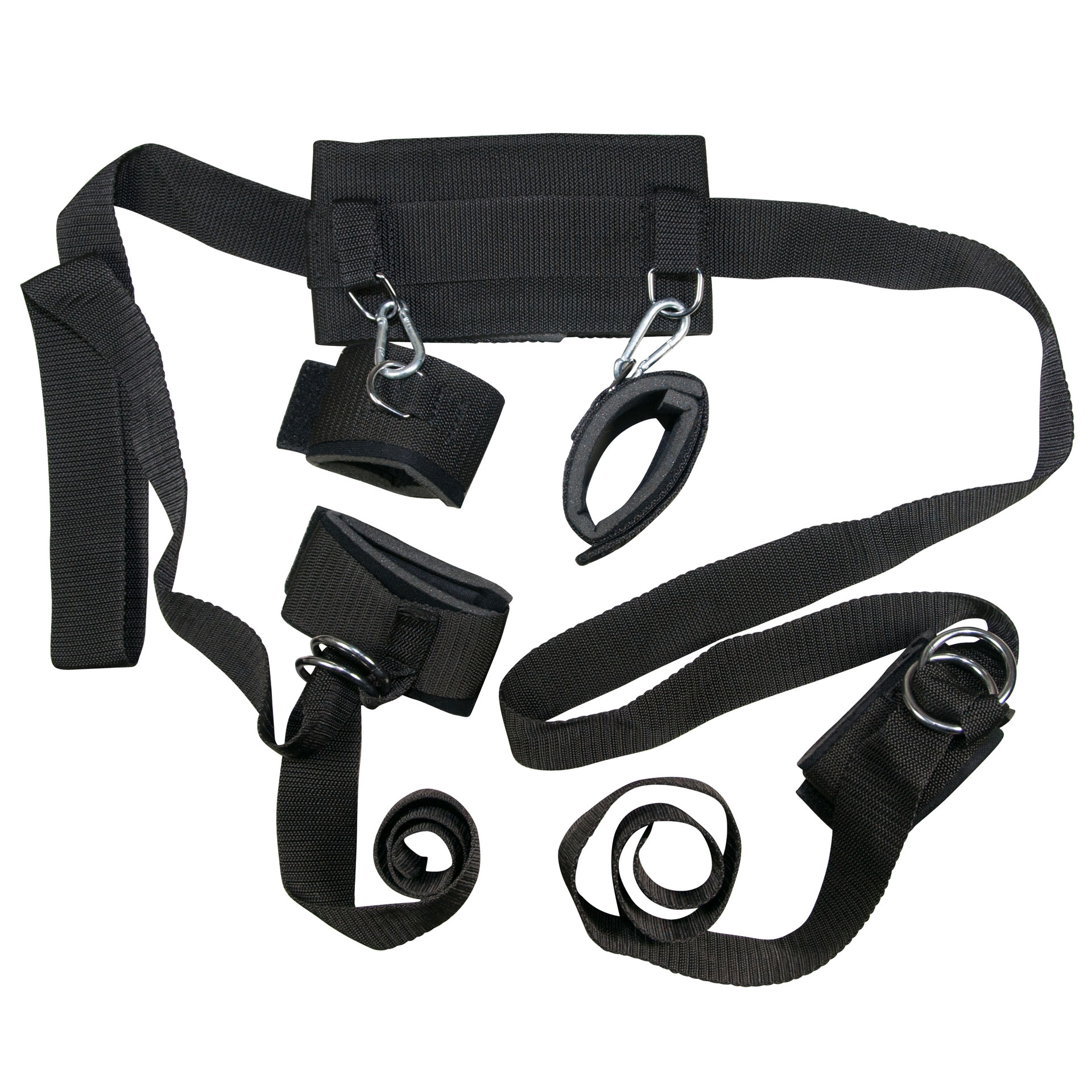 Ein Fessel-Set aus Arm-, Bein- und Halsmanschetten und langen Gurten