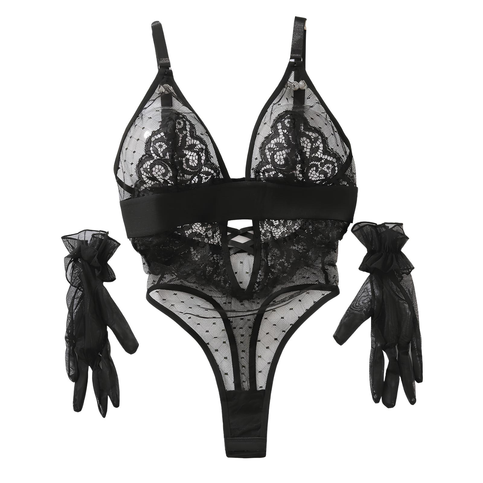 Body mit Handschuhen - Bild 3 Schwarzer Lustina Body mit schwarzen Handschuhen aus Spitze auf weißem Hintergrund