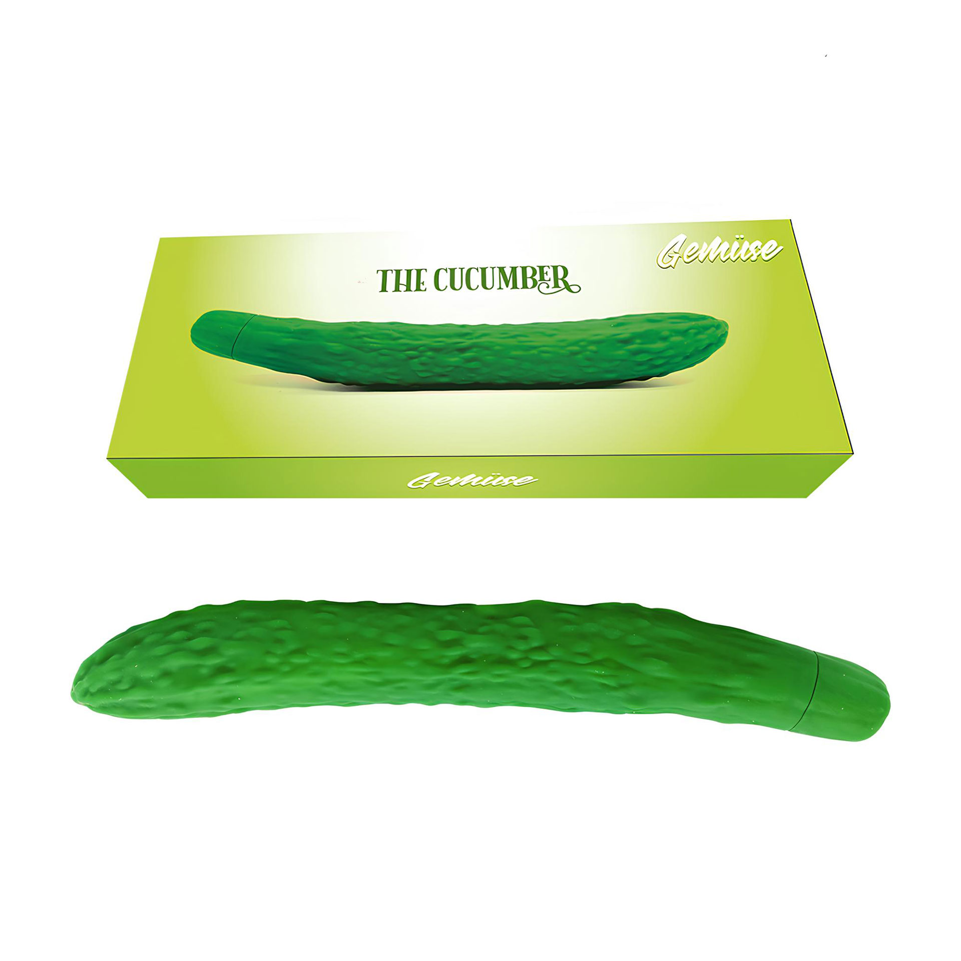 Gemüse-Vibrator Gurke - Bild 2 Ein Vibrator in Form und Farbe einer Gurke, abgebildet unterhalb seiner Verkaufsverpackung.