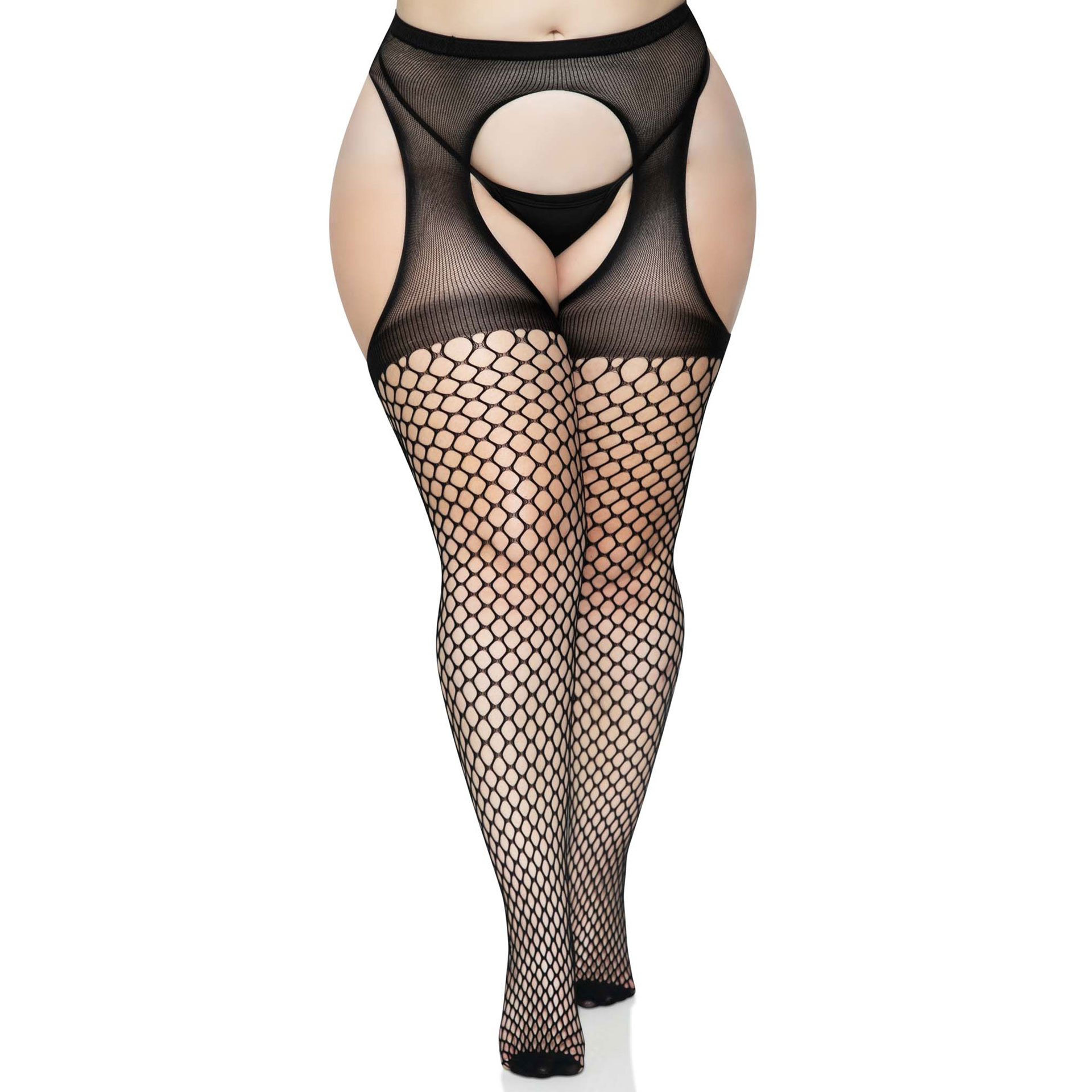 Queen-Size Netz-Strümpfe - Bild 1 Queen-Size Frauenbeine in schwarzen Netzstrümpfen mit fest verbundenem Strumpfhalter - Ansicht von vorn