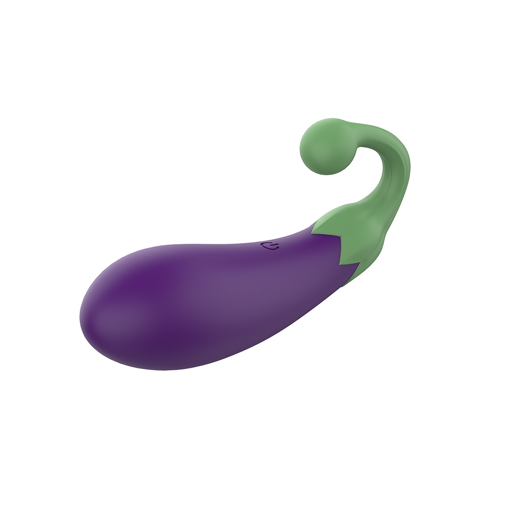 Kleiner Vibrator in Form und Farbe einer Aubergine - Ansicht schräg von vorn und oben