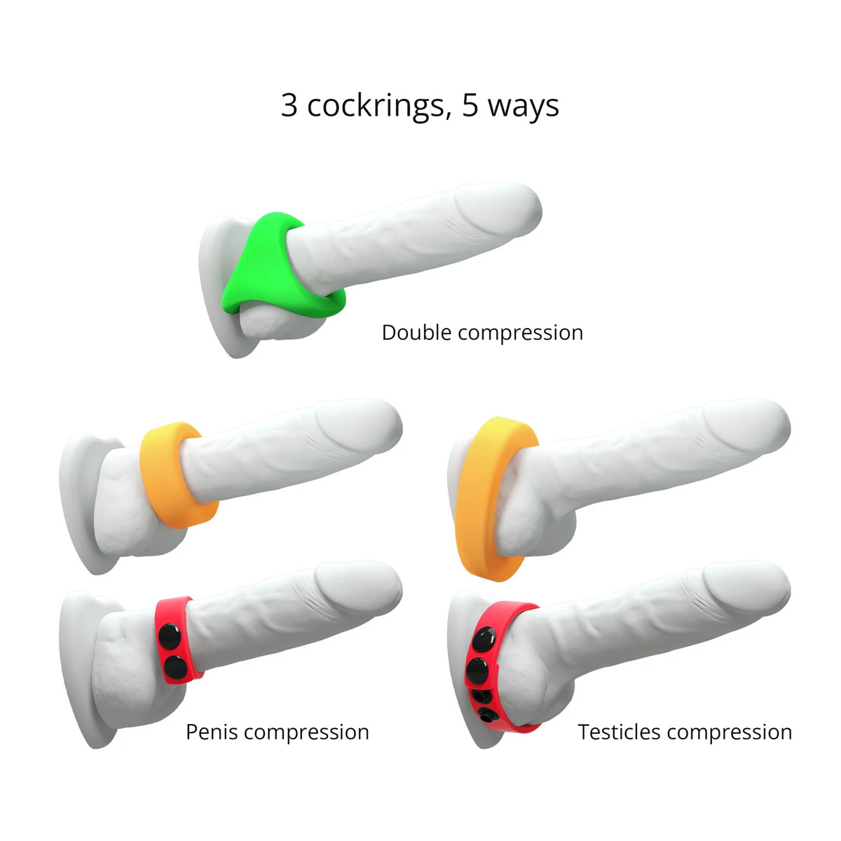 Neon Ring Kit - Bild 2 Die 3 Cockringe des Neon Ring Kit aufgezogen auf Dildos zur Anwendungsverdeutlichung